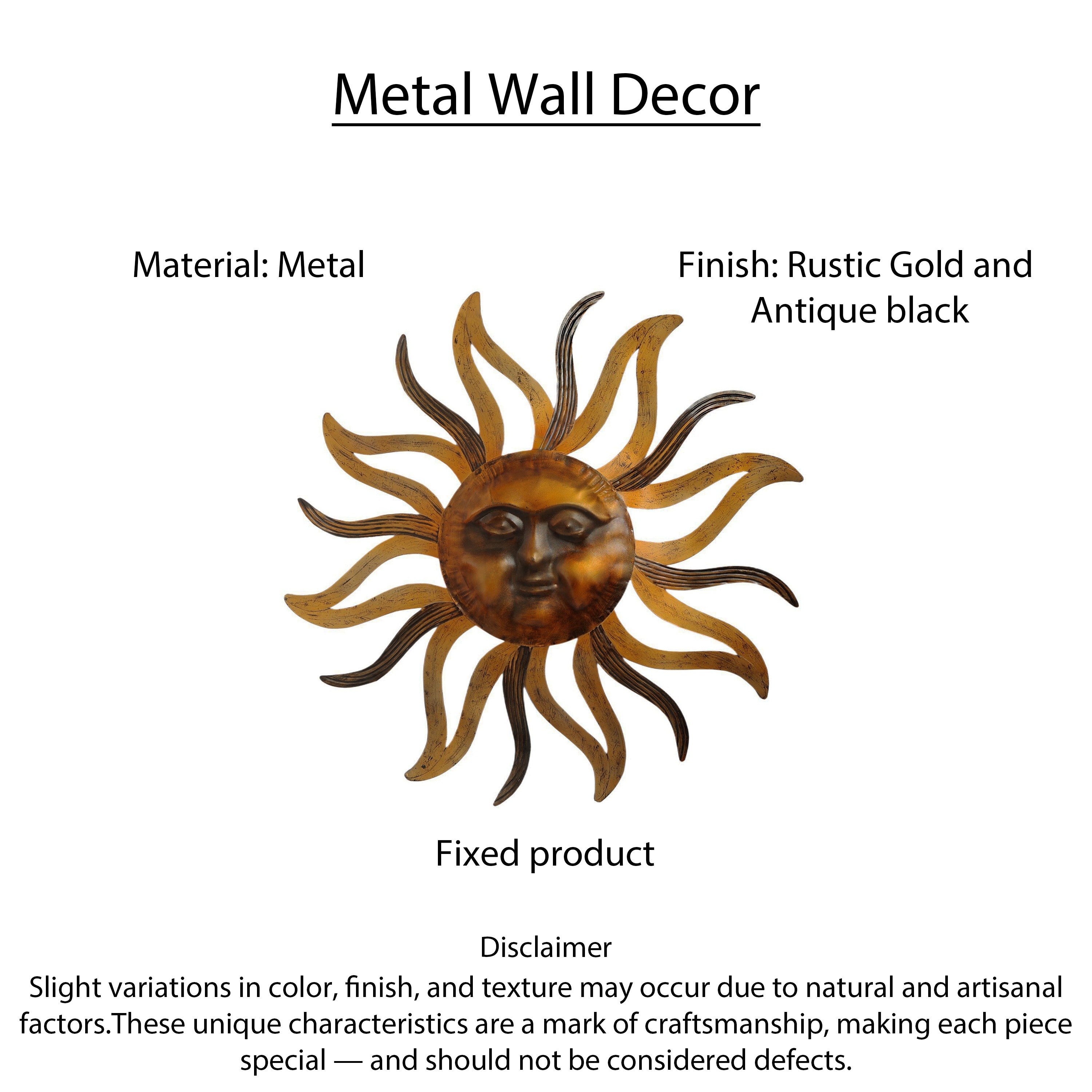 Benjara 35 Inch Round Wall Mounted Sun Face Accent Decor, Carved Rustic Gold And Black Metal