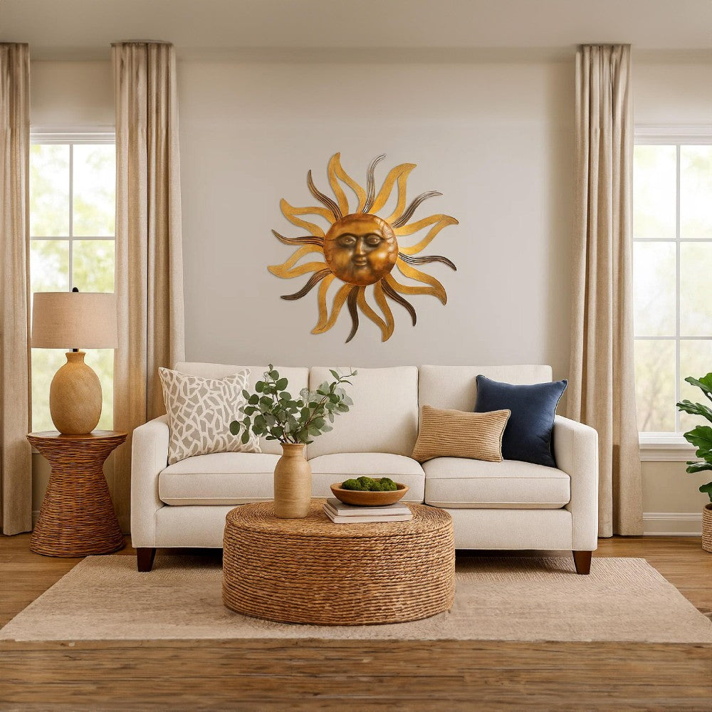 Benjara 35 Inch Round Wall Mounted Sun Face Accent Decor, Carved Rustic Gold And Black Metal