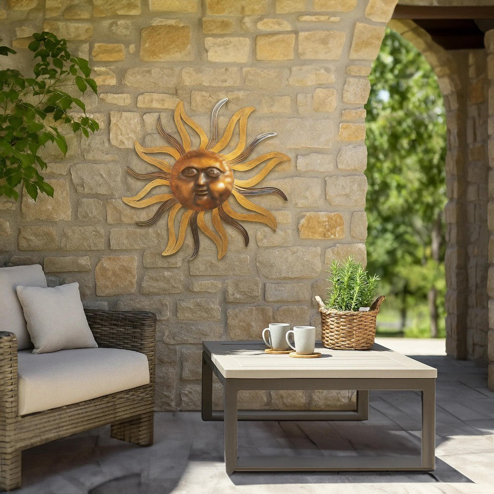 Benjara 35 Inch Round Wall Mounted Sun Face Accent Decor, Carved Rustic Gold And Black Metal