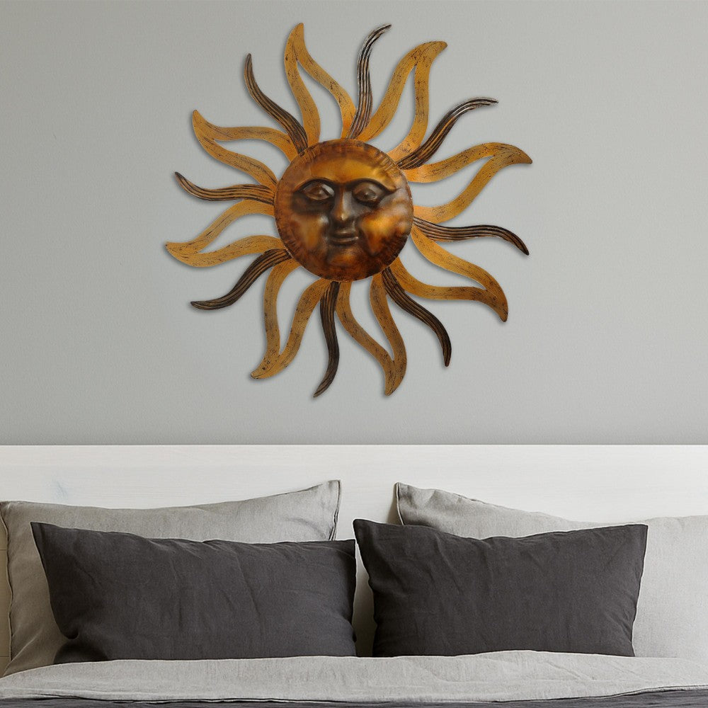 Benjara 35 Inch Round Wall Mounted Sun Face Accent Decor, Carved Rustic Gold And Black Metal