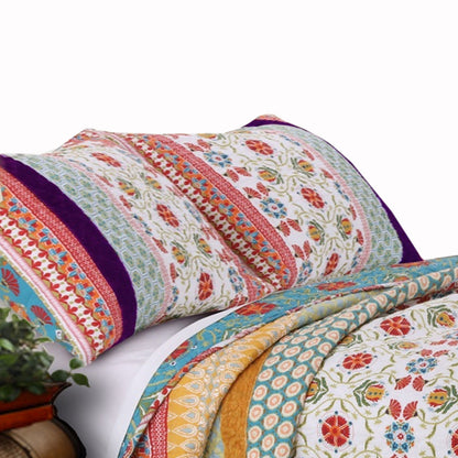 Benjara Geometric And Floral Print King Size Quilt Set with 2 Shams, Multicolor