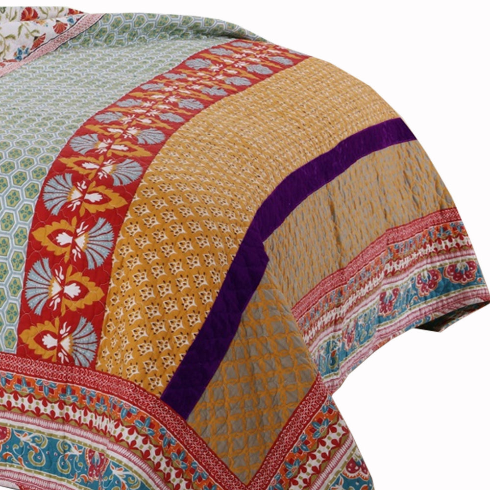 Benjara Geometric And Floral Print King Size Quilt Set with 2 Shams, Multicolor