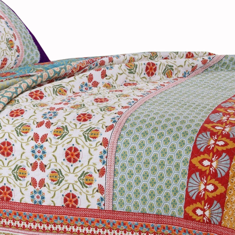 Benjara Geometric And Floral Print King Size Quilt Set with 2 Shams, Multicolor