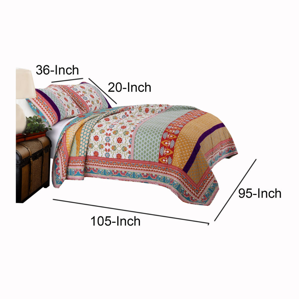 Benjara Geometric And Floral Print King Size Quilt Set with 2 Shams, Multicolor