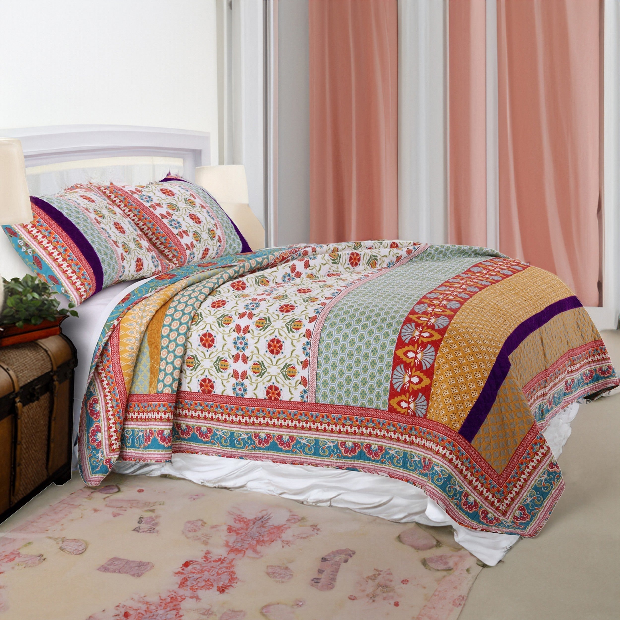 Benjara Geometric And Floral Print King Size Quilt Set with 2 Shams, Multicolor