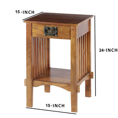 The Urban Port Spacious Mango Wood Telephone Stand with Slatted Side Panels, Brown
