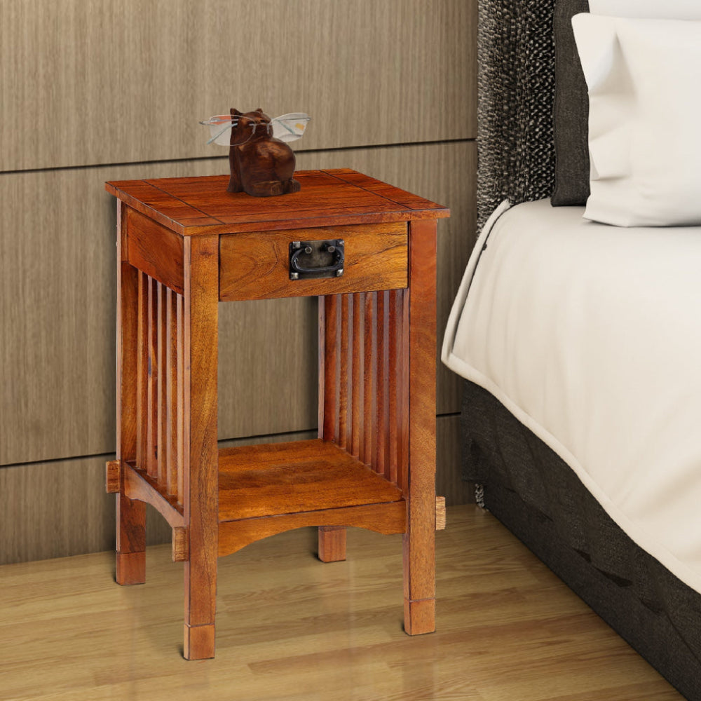 The Urban Port Spacious Mango Wood Telephone Stand with Slatted Side Panels, Brown