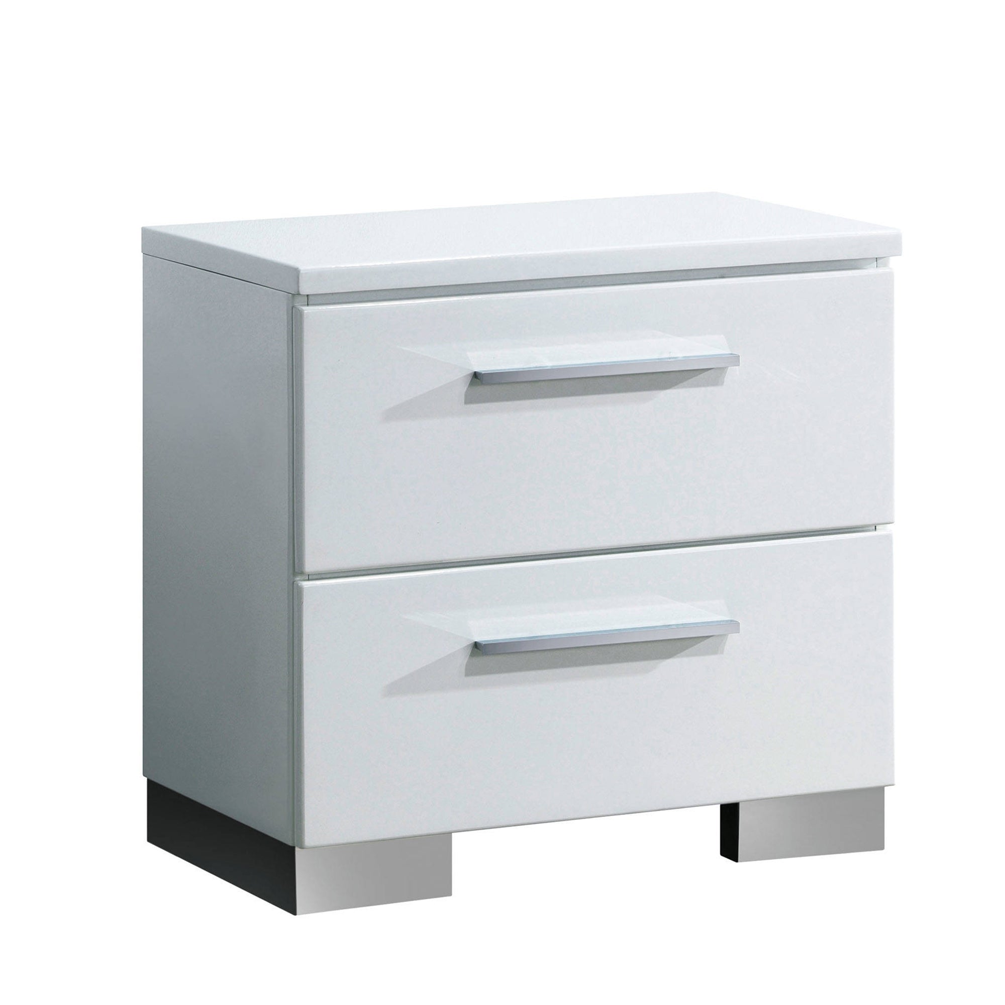 Benzara 2 Drawer Wooden Nightstand with Metal Pulls, Glossy White