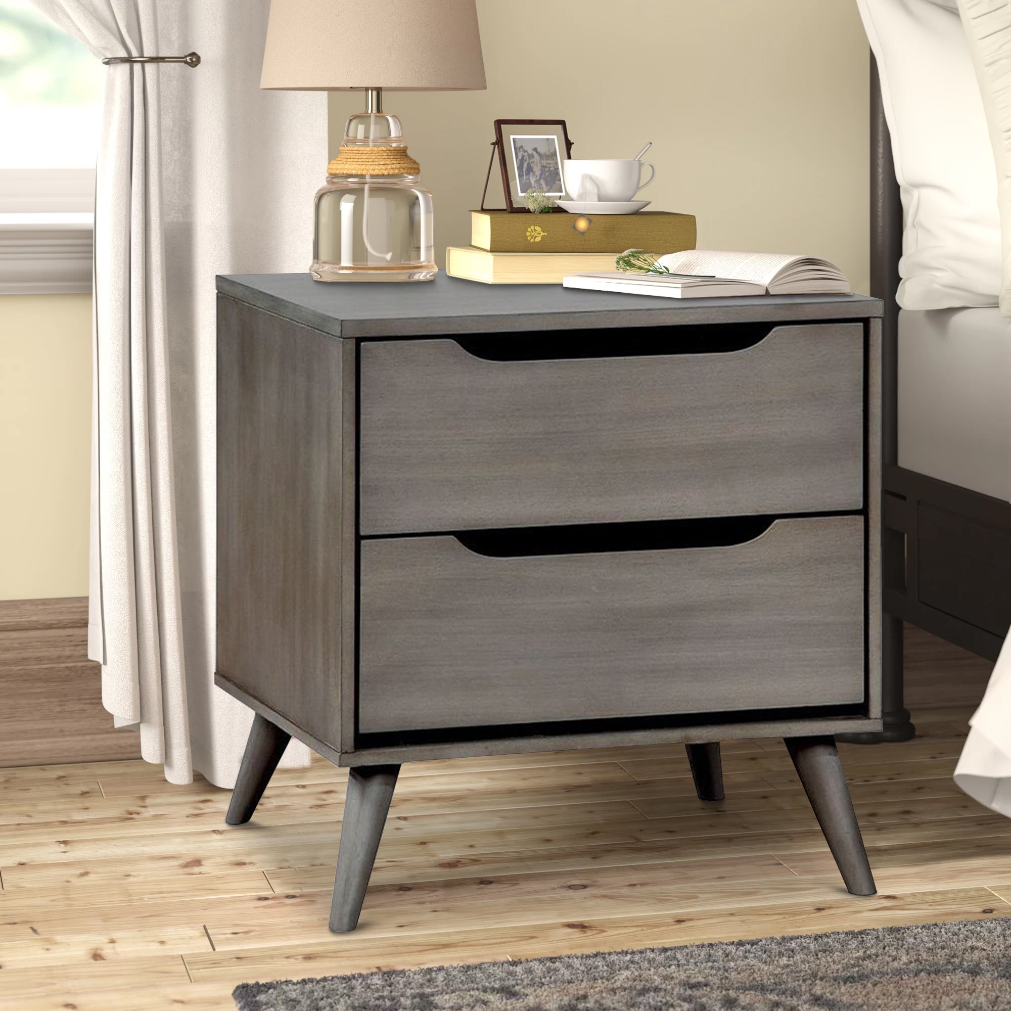 Benzara 2 Drawer Wooden Nightstand with Cut Out Pulls, Gray