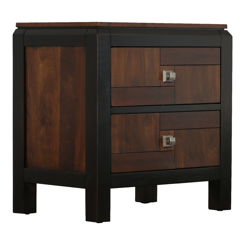 Benzara 28 Inch Handcrafted Bedside Nightstand, 2 Drawers, Sleek Wood Pattern, Square Knobs, Walnut Brown