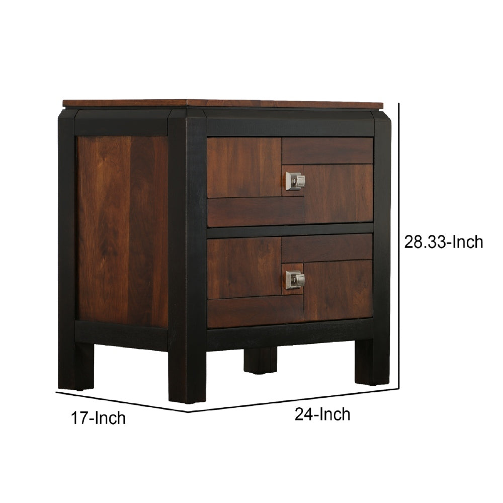 Benzara 28 Inch Handcrafted Bedside Nightstand, 2 Drawers, Sleek Wood Pattern, Square Knobs, Walnut Brown