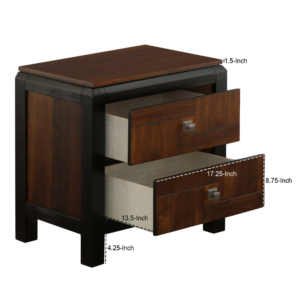 Benzara 28 Inch Handcrafted Bedside Nightstand, 2 Drawers, Sleek Wood Pattern, Square Knobs, Walnut Brown