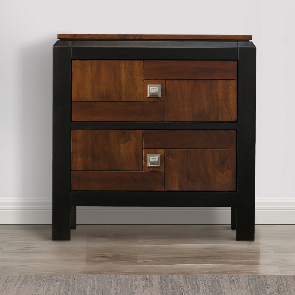 Benzara 28 Inch Handcrafted Bedside Nightstand, 2 Drawers, Sleek Wood Pattern, Square Knobs, Walnut Brown