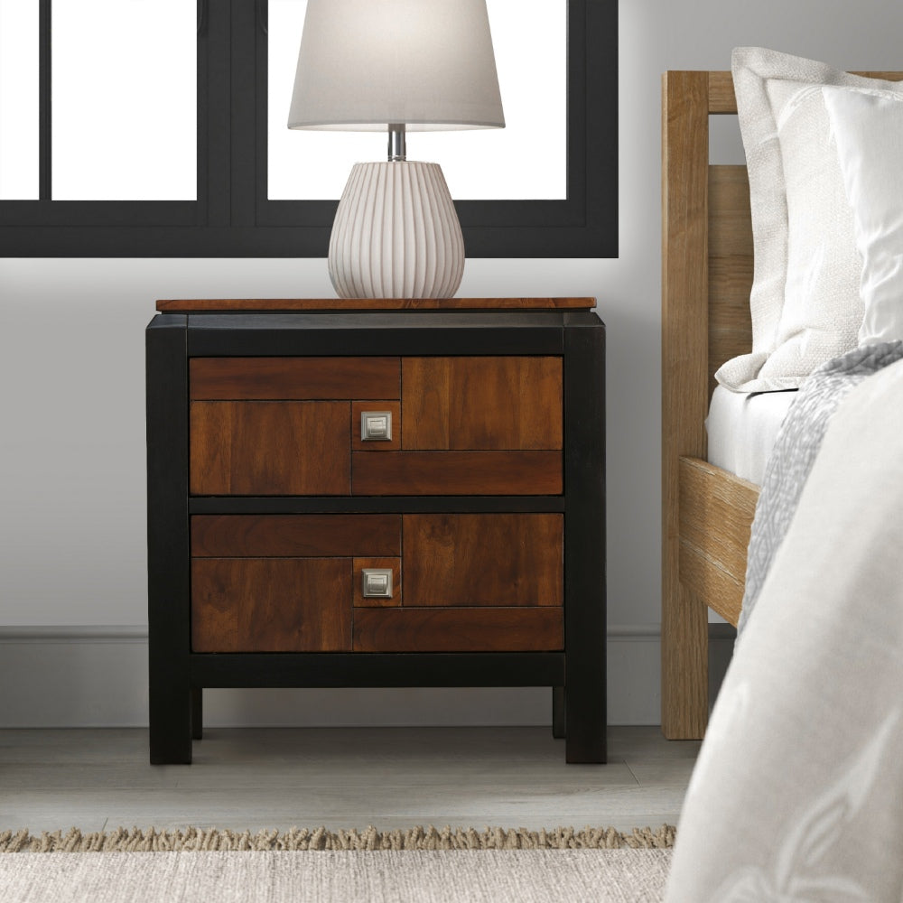 Benzara 28 Inch Handcrafted Bedside Nightstand, 2 Drawers, Sleek Wood Pattern, Square Knobs, Walnut Brown