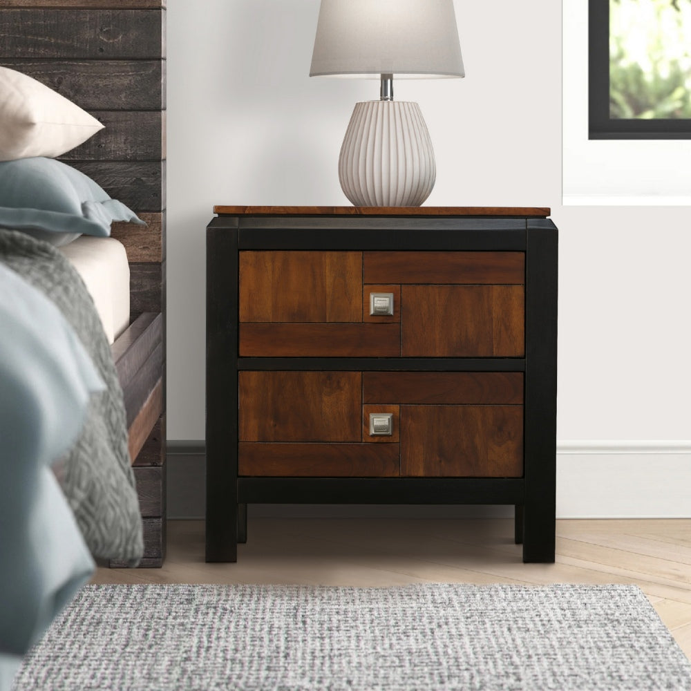 Benzara 28 Inch Handcrafted Bedside Nightstand, 2 Drawers, Sleek Wood Pattern, Square Knobs, Walnut Brown