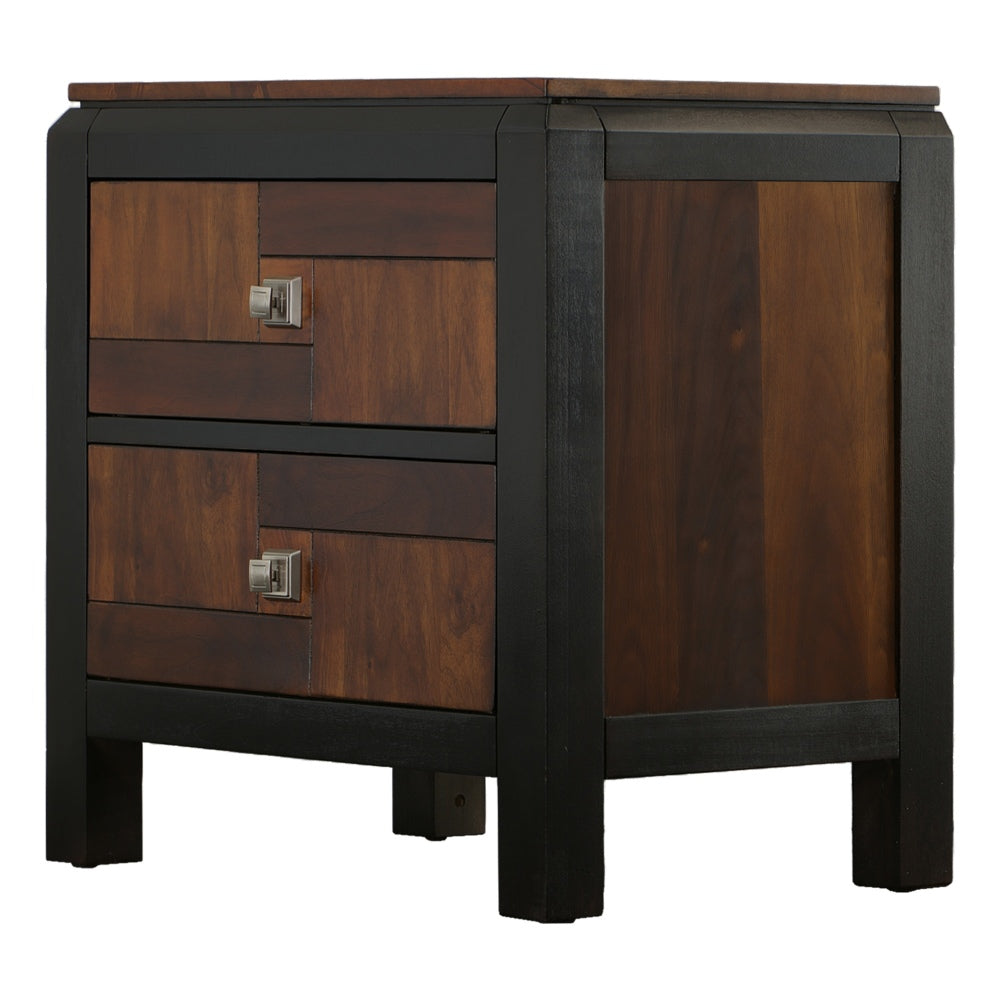 Benzara 28 Inch Handcrafted Bedside Nightstand, 2 Drawers, Sleek Wood Pattern, Square Knobs, Walnut Brown