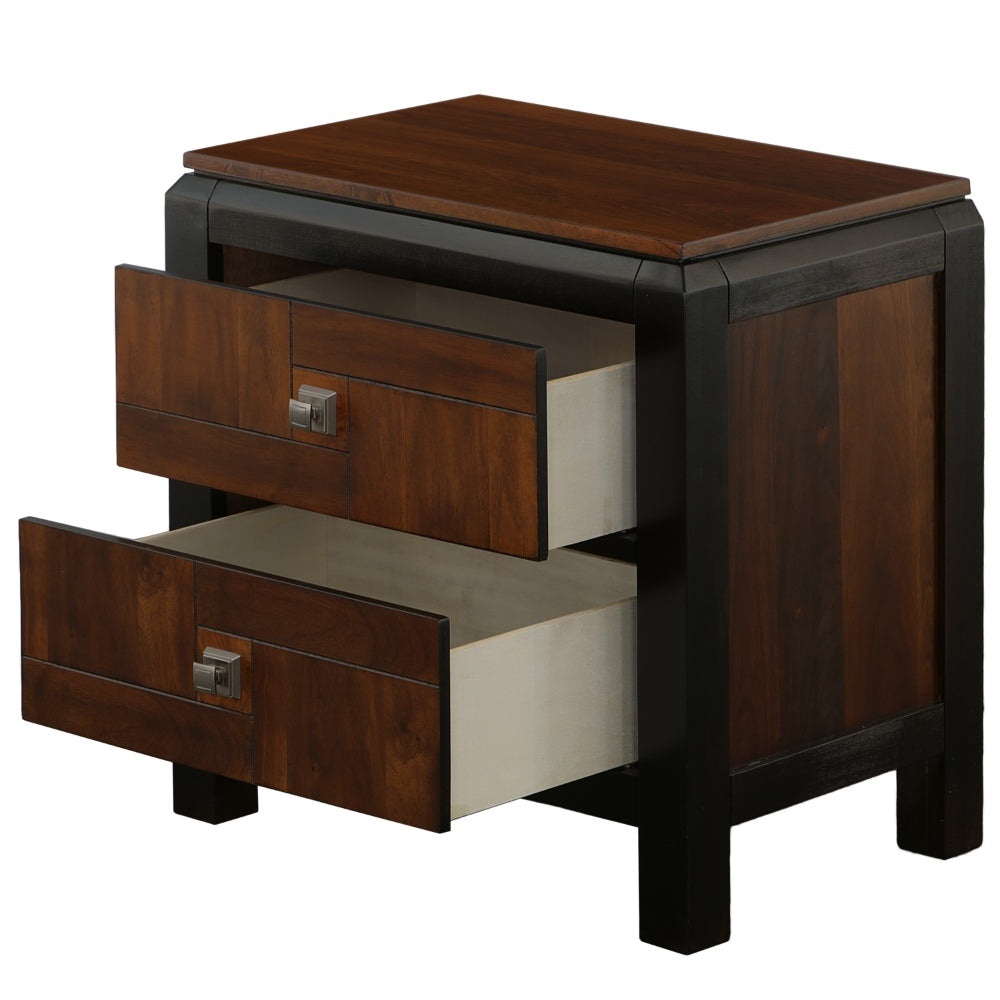 Benzara 28 Inch Handcrafted Bedside Nightstand, 2 Drawers, Sleek Wood Pattern, Square Knobs, Walnut Brown