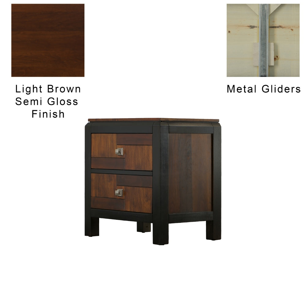 Benzara 28 Inch Handcrafted Bedside Nightstand, 2 Drawers, Sleek Wood Pattern, Square Knobs, Walnut Brown