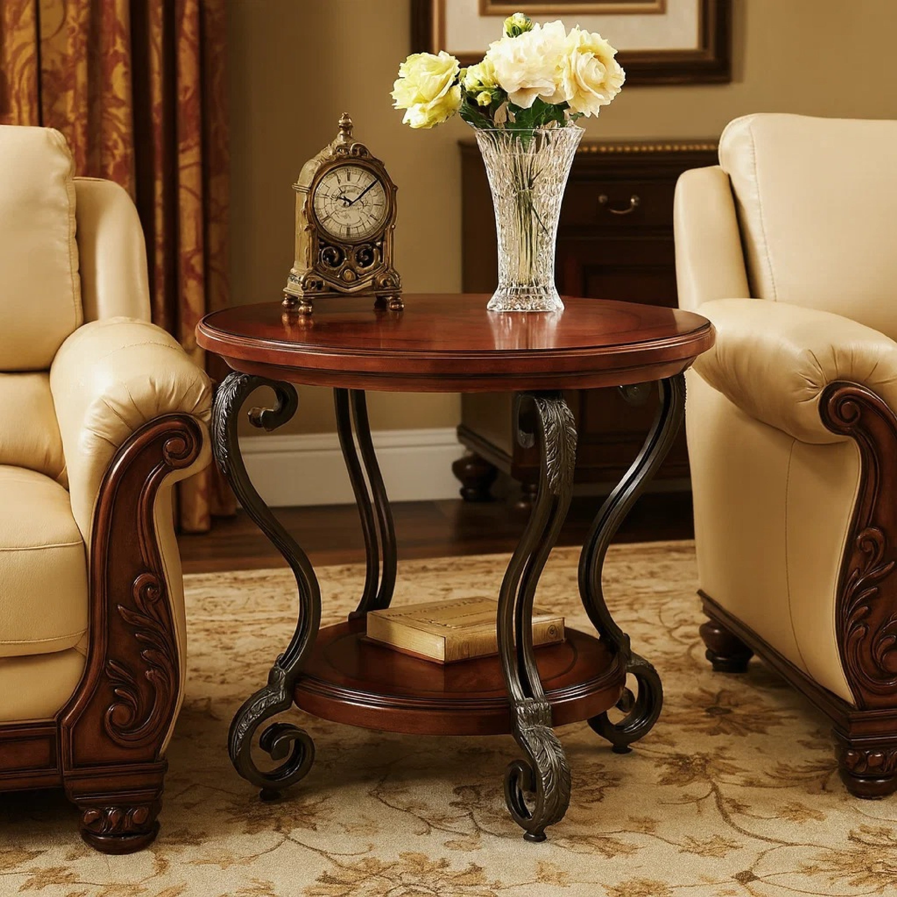 Benzara Round Wood And Metal End Table with Scroll Details, Brown