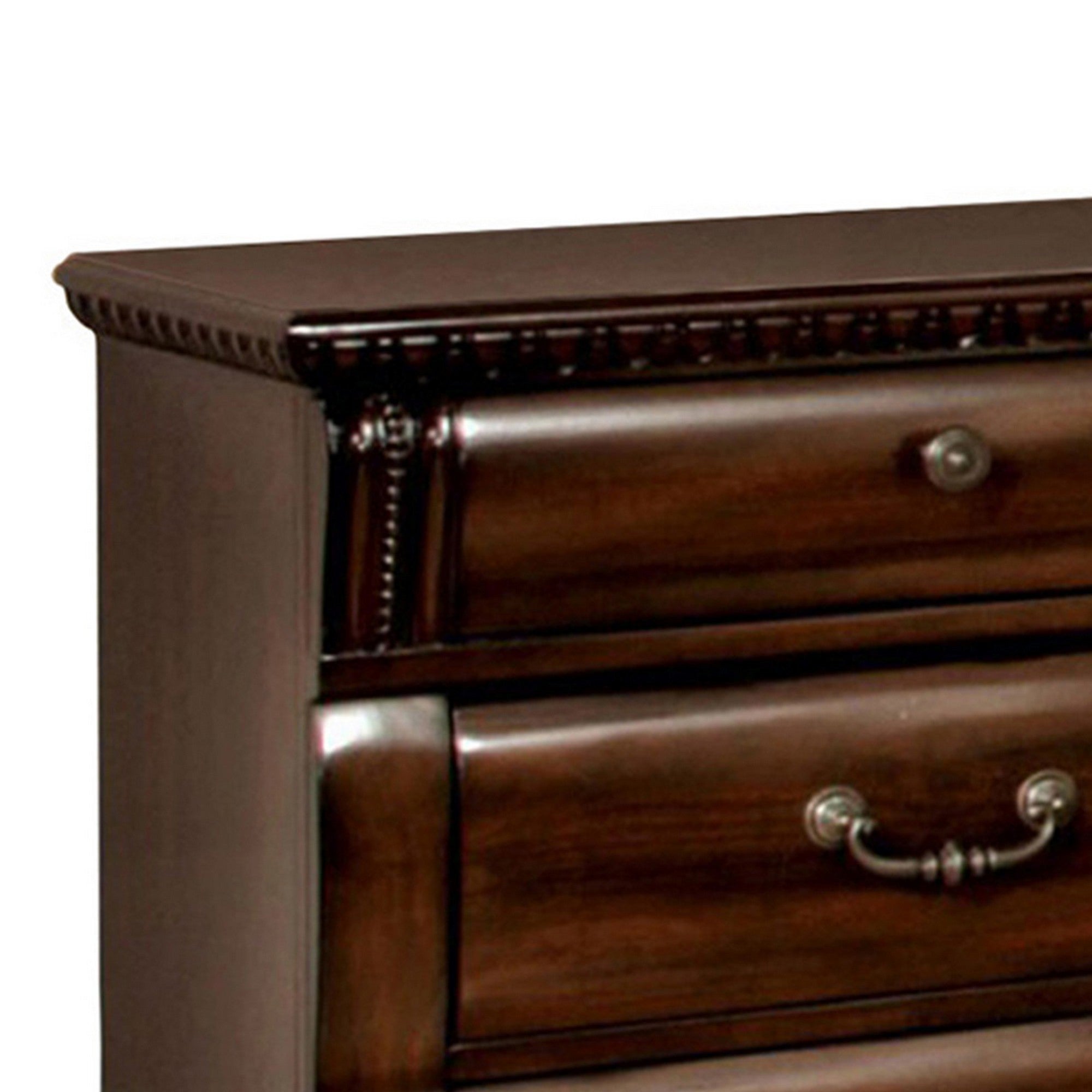 Benzara 28 Inch Bedside Nightstand, 3 Drawers with Pewter Handles, Classic Dark Cherry Brown Solid Wood