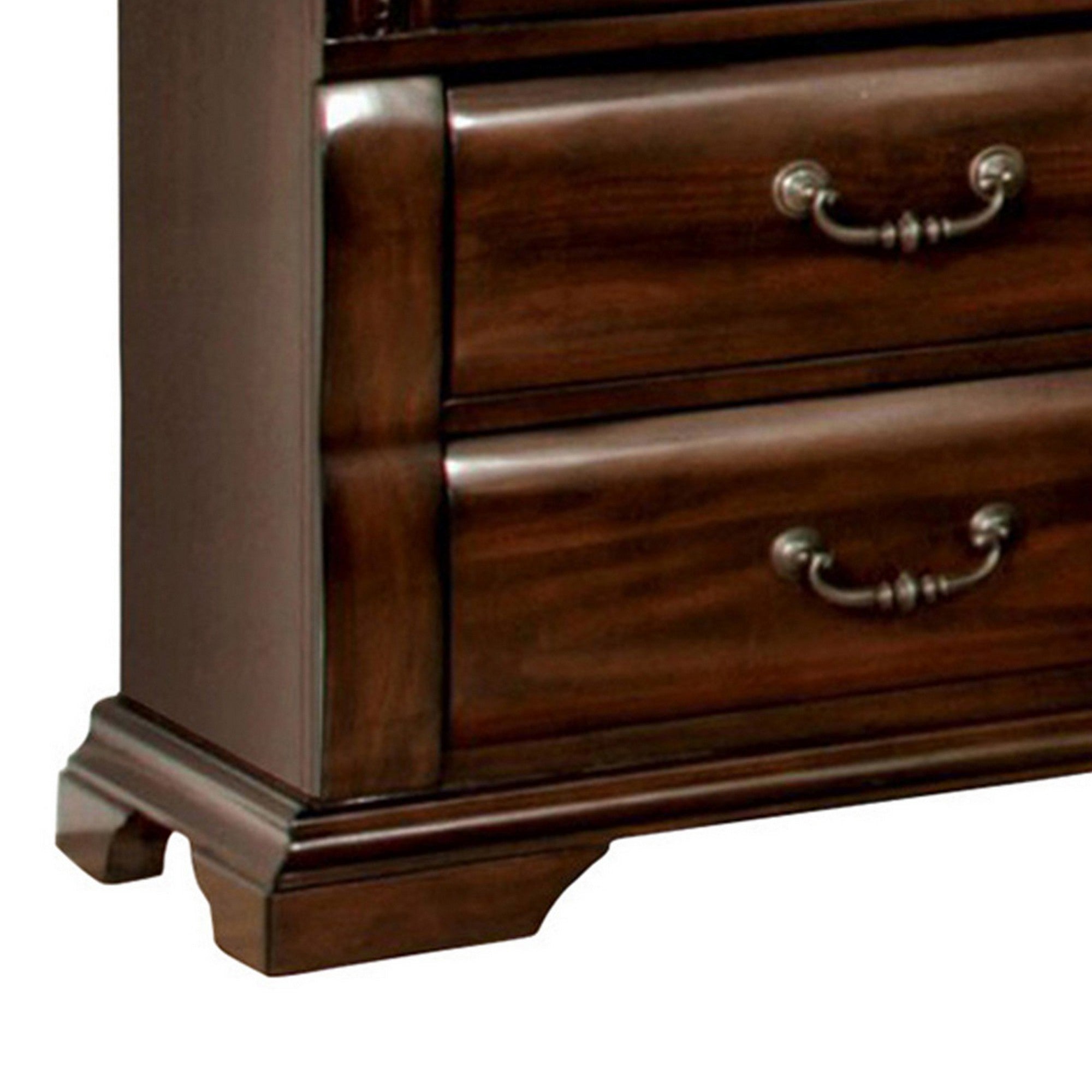 Benzara 28 Inch Bedside Nightstand, 3 Drawers with Pewter Handles, Classic Dark Cherry Brown Solid Wood
