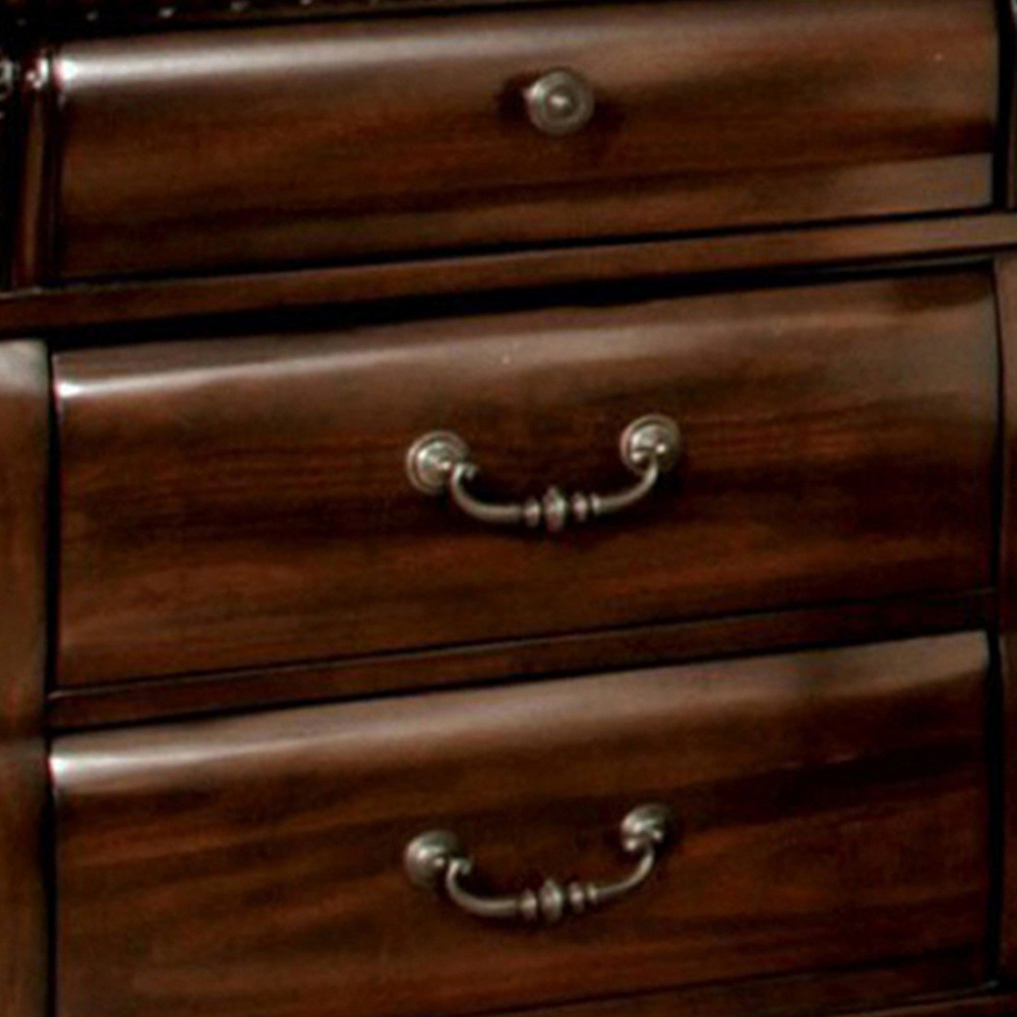 Benzara 28 Inch Bedside Nightstand, 3 Drawers with Pewter Handles, Classic Dark Cherry Brown Solid Wood