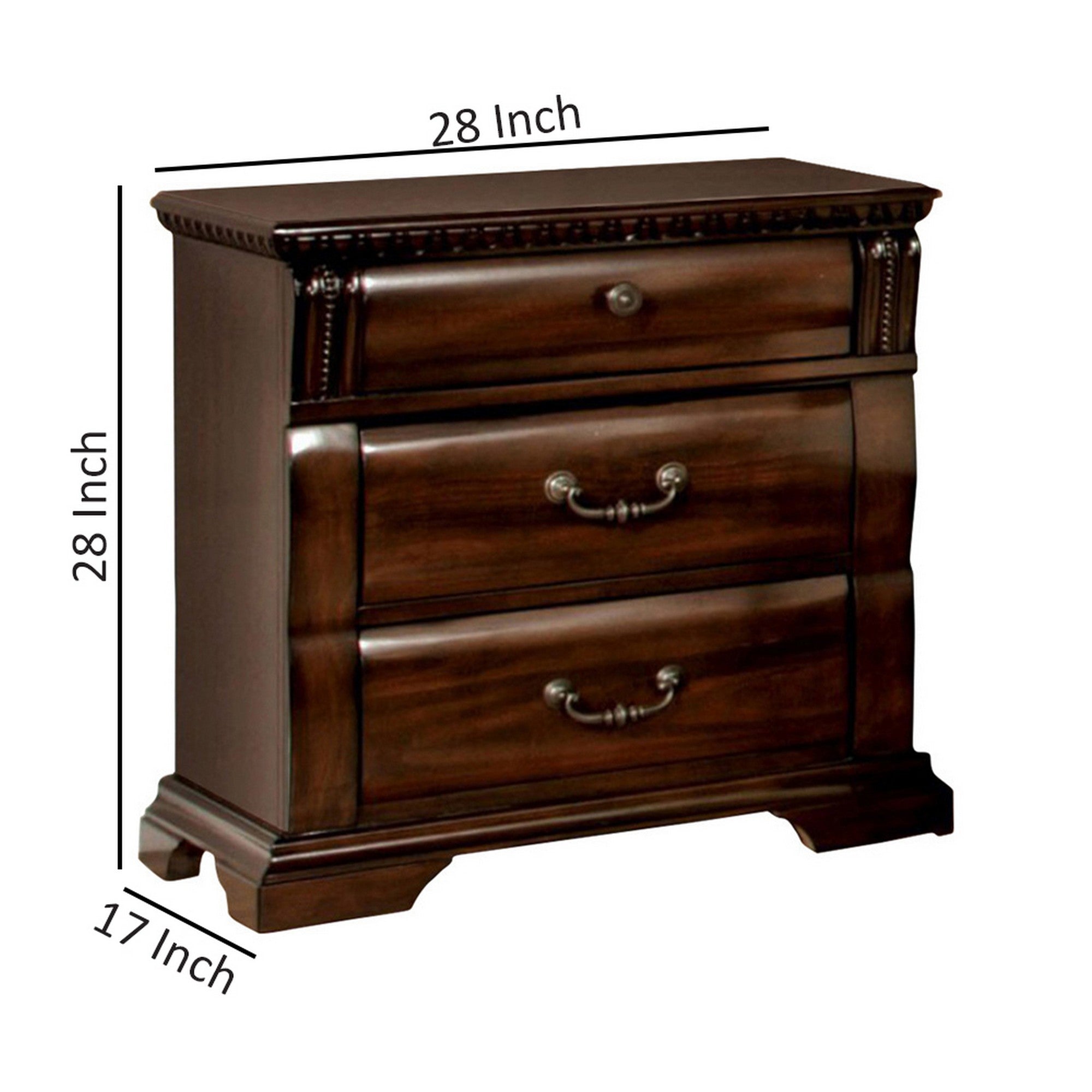 Benzara 28 Inch Bedside Nightstand, 3 Drawers with Pewter Handles, Classic Dark Cherry Brown Solid Wood
