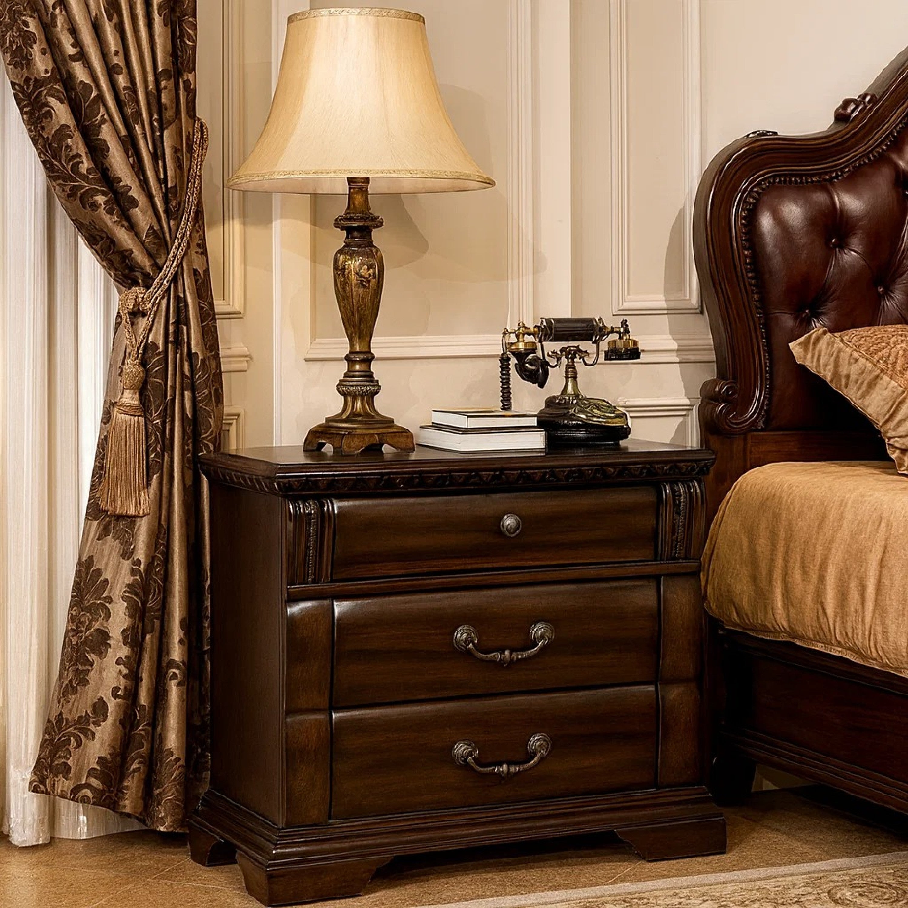 Benzara 28 Inch Bedside Nightstand, 3 Drawers with Pewter Handles, Classic Dark Cherry Brown Solid Wood