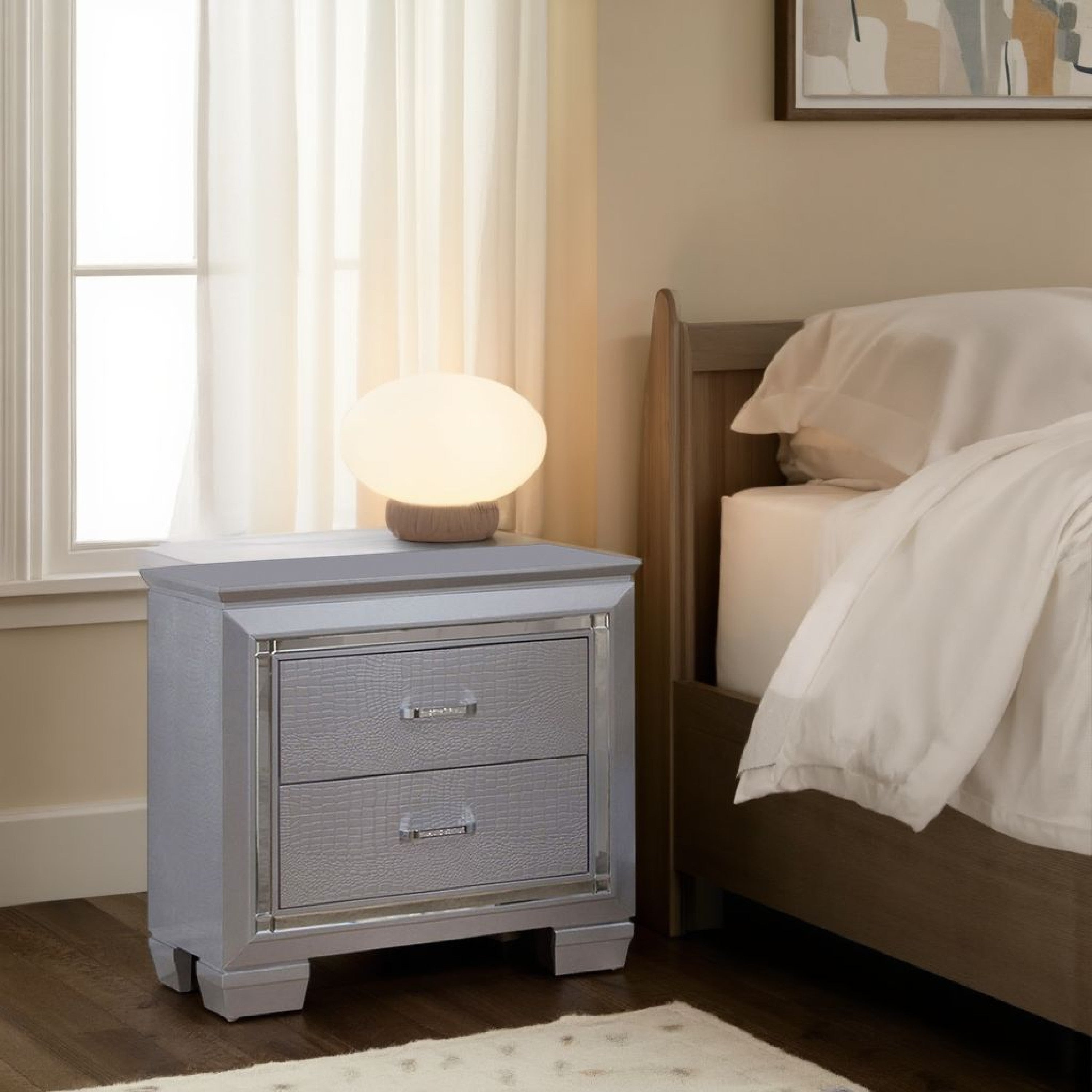 Benzara 2 Drawer Wooden Nightstand with Embossed Textured Details, Gray