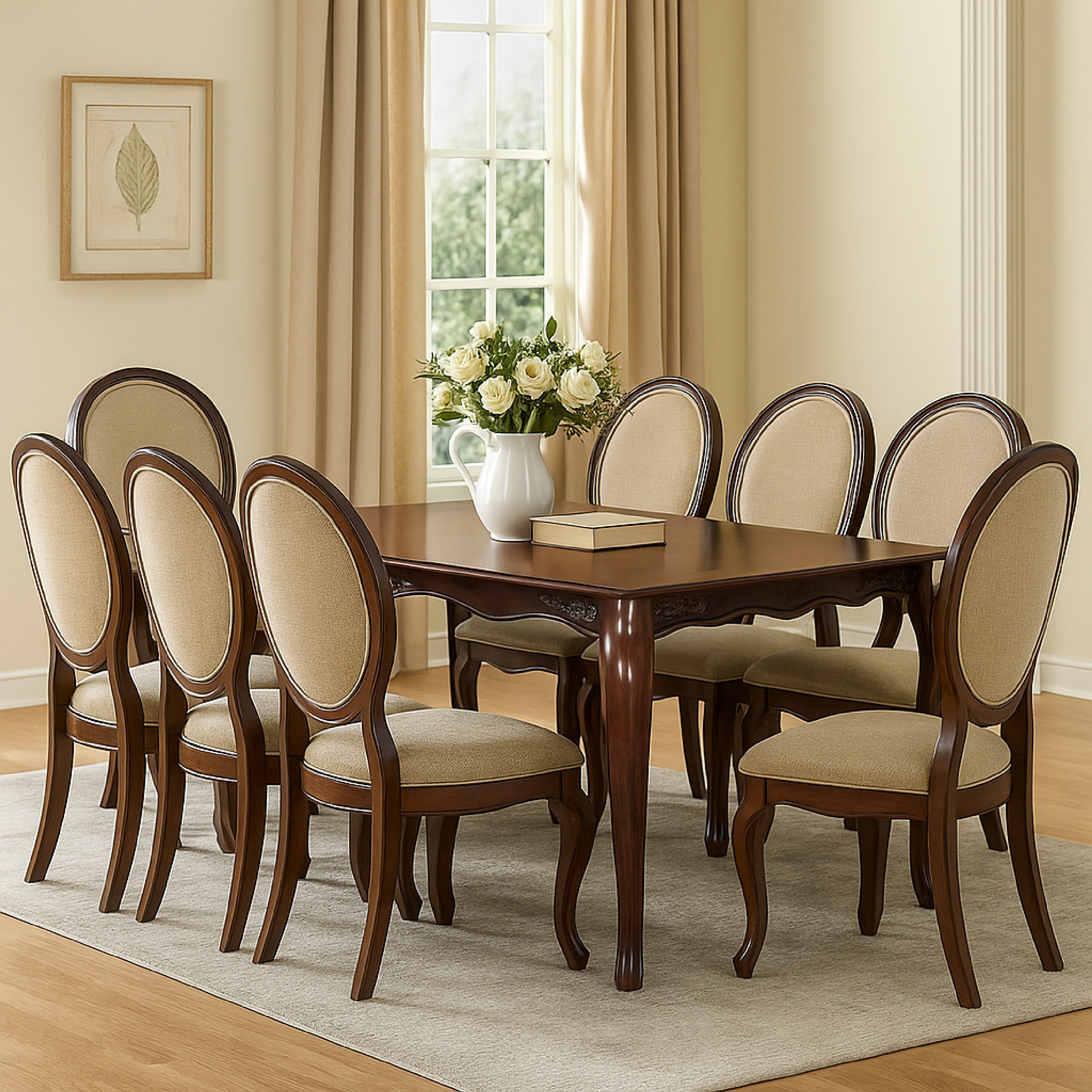 Benzara Wooden Dining Table with Floral Carved Accents And Cabriole Legs, Brown