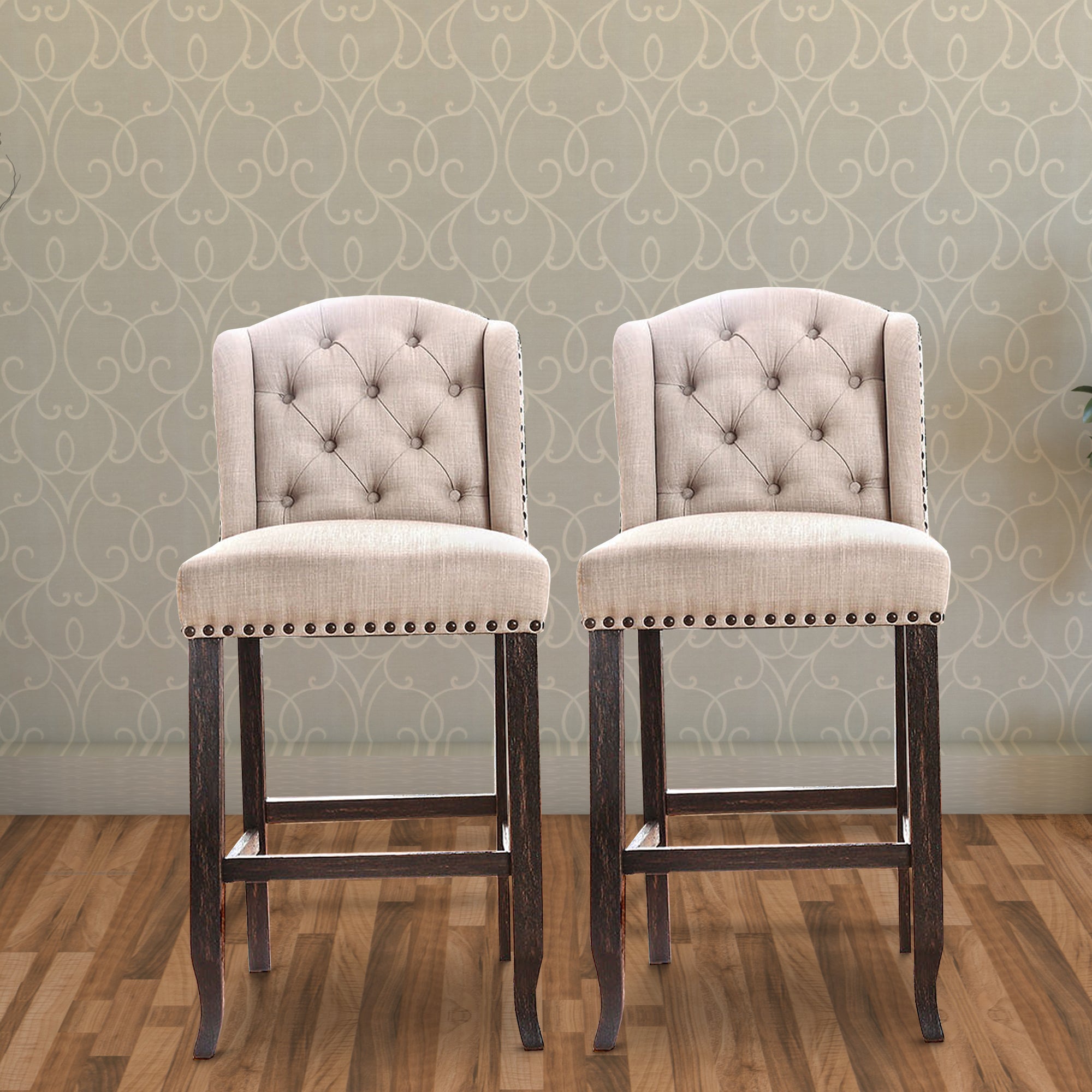 Benzara Button Tufted Fabric Upholstered Wooden Bar Chair, Beige And Black, Set of Two
