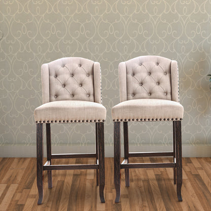 Benzara Button Tufted Fabric Upholstered Wooden Bar Chair, Beige And Black, Set of Two