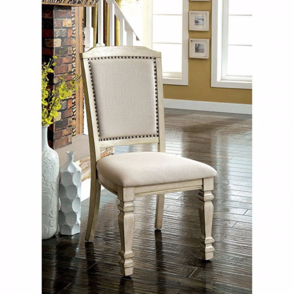 Benzara Nailhead Trim Fabric Upholstered Wooden Side Chair, Set of 2, Beige