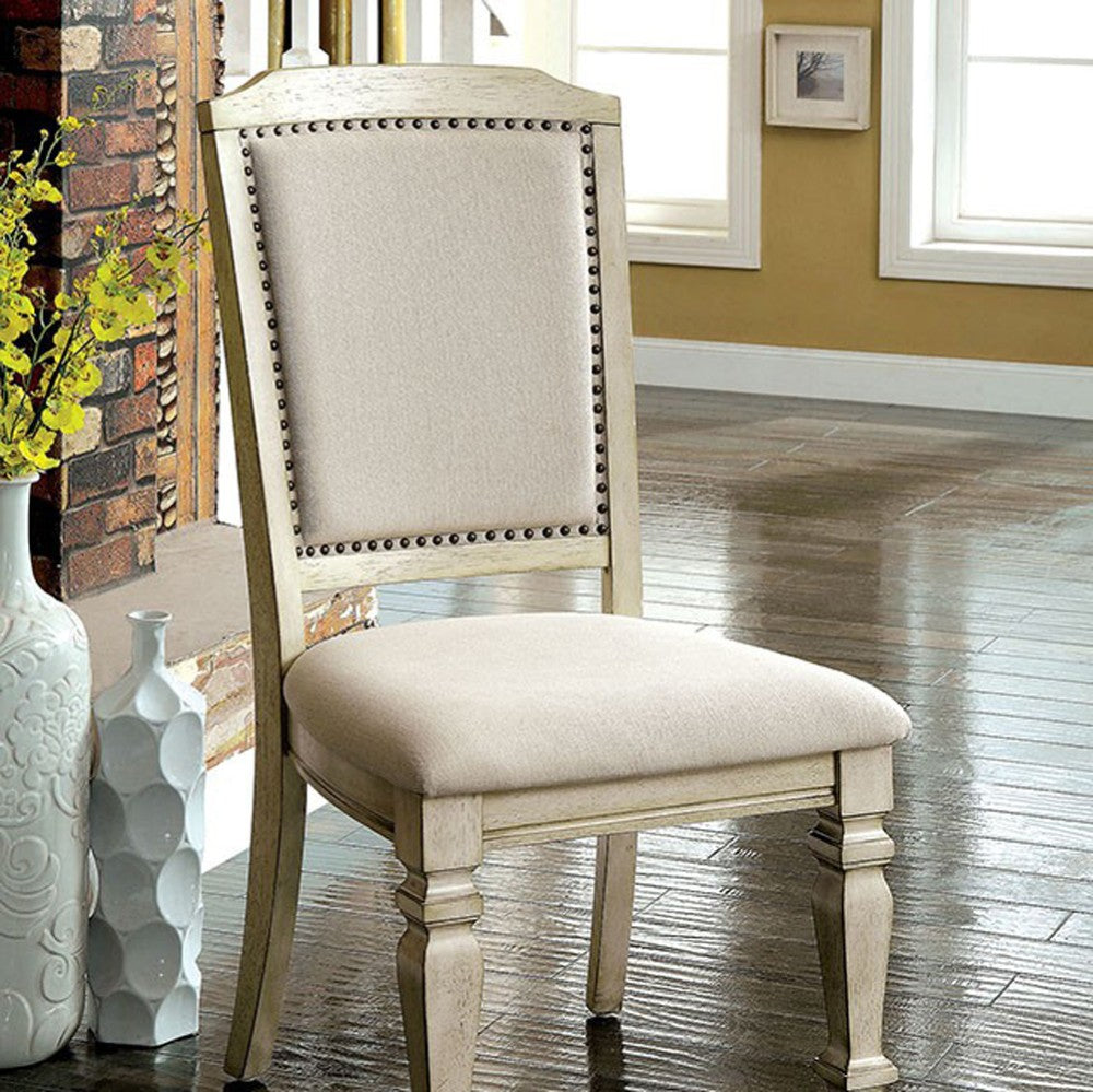 Benzara Nailhead Trim Fabric Upholstered Wooden Side Chair, Set of 2, Beige