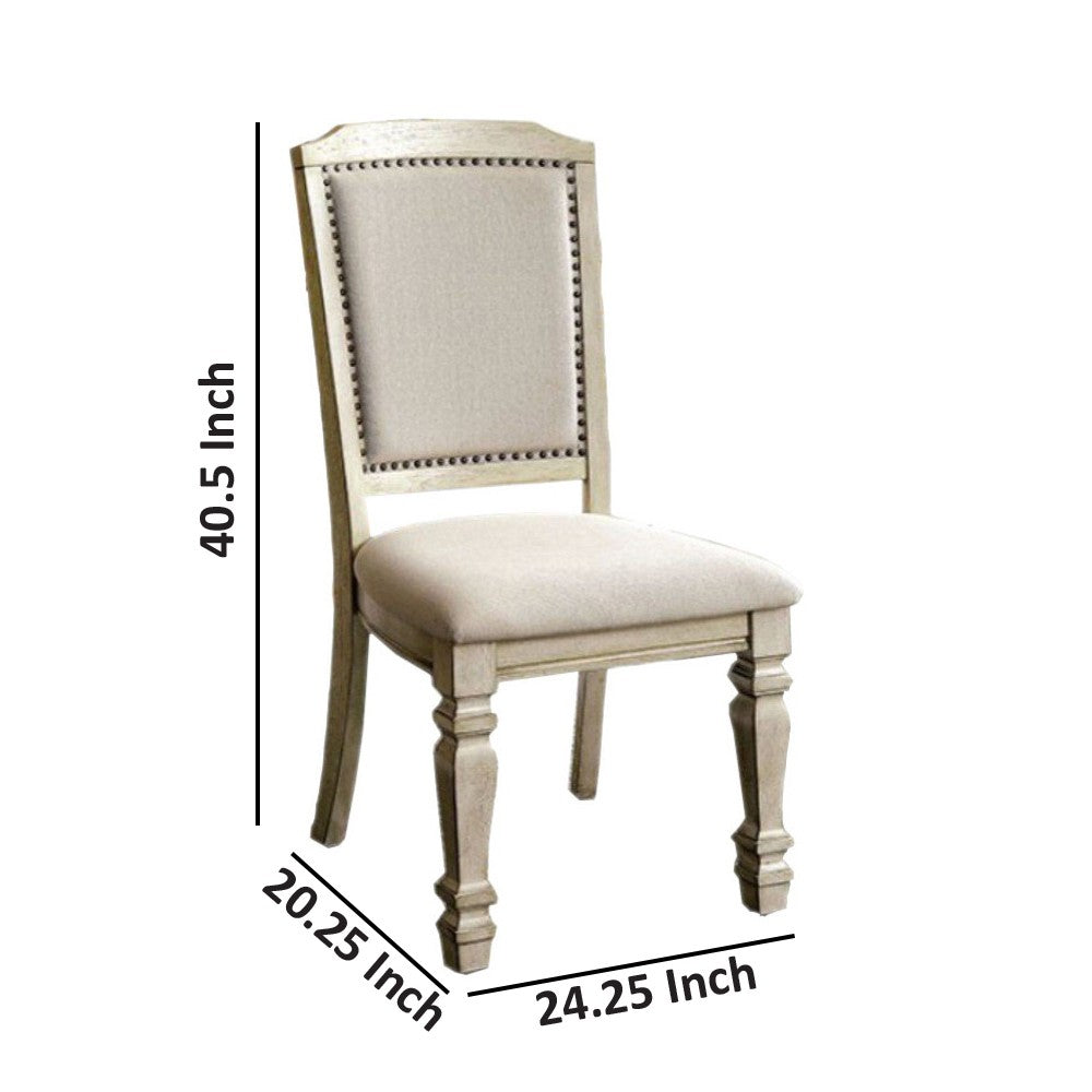Benzara Nailhead Trim Fabric Upholstered Wooden Side Chair, Set of 2, Beige