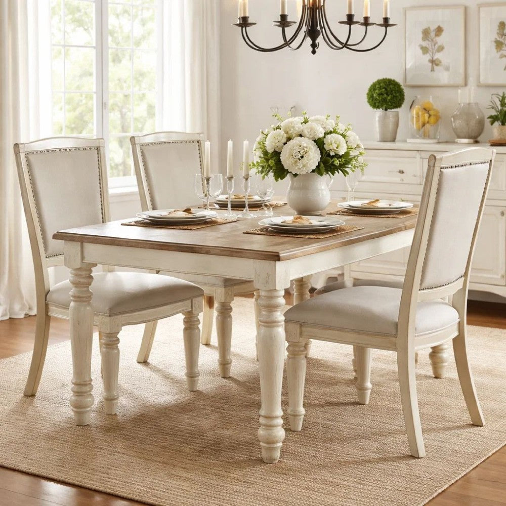 Benzara Nailhead Trim Fabric Upholstered Wooden Side Chair, Set of 2, Beige
