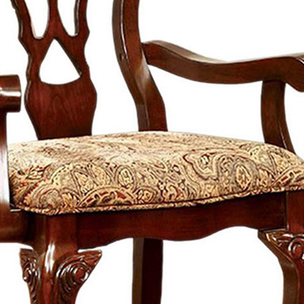 Benzara Elana Traditional Arm Chair With fabric, Brown Cherry Finish, Set of 2