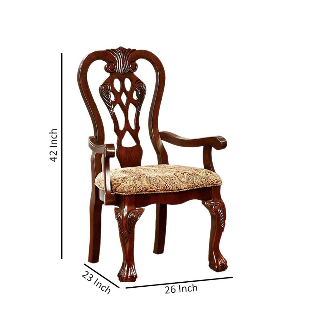 Benzara Elana Traditional Arm Chair With fabric, Brown Cherry Finish, Set of 2