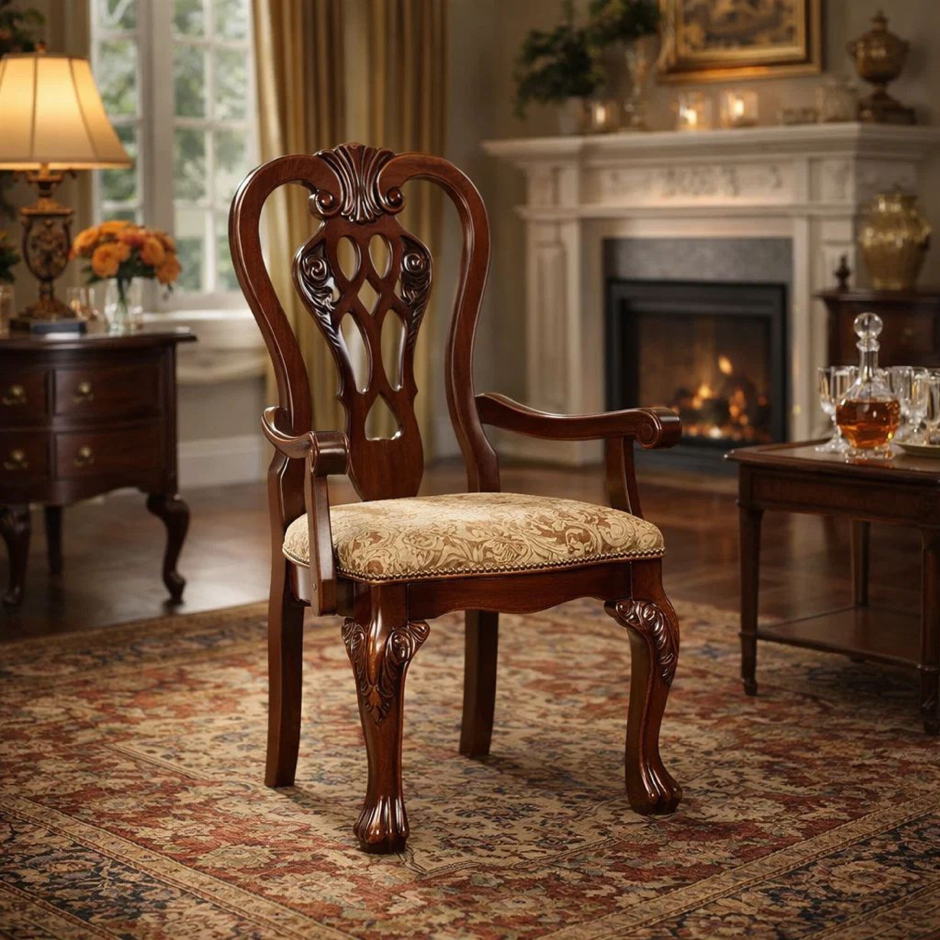 Benzara Elana Traditional Arm Chair With fabric, Brown Cherry Finish, Set of 2