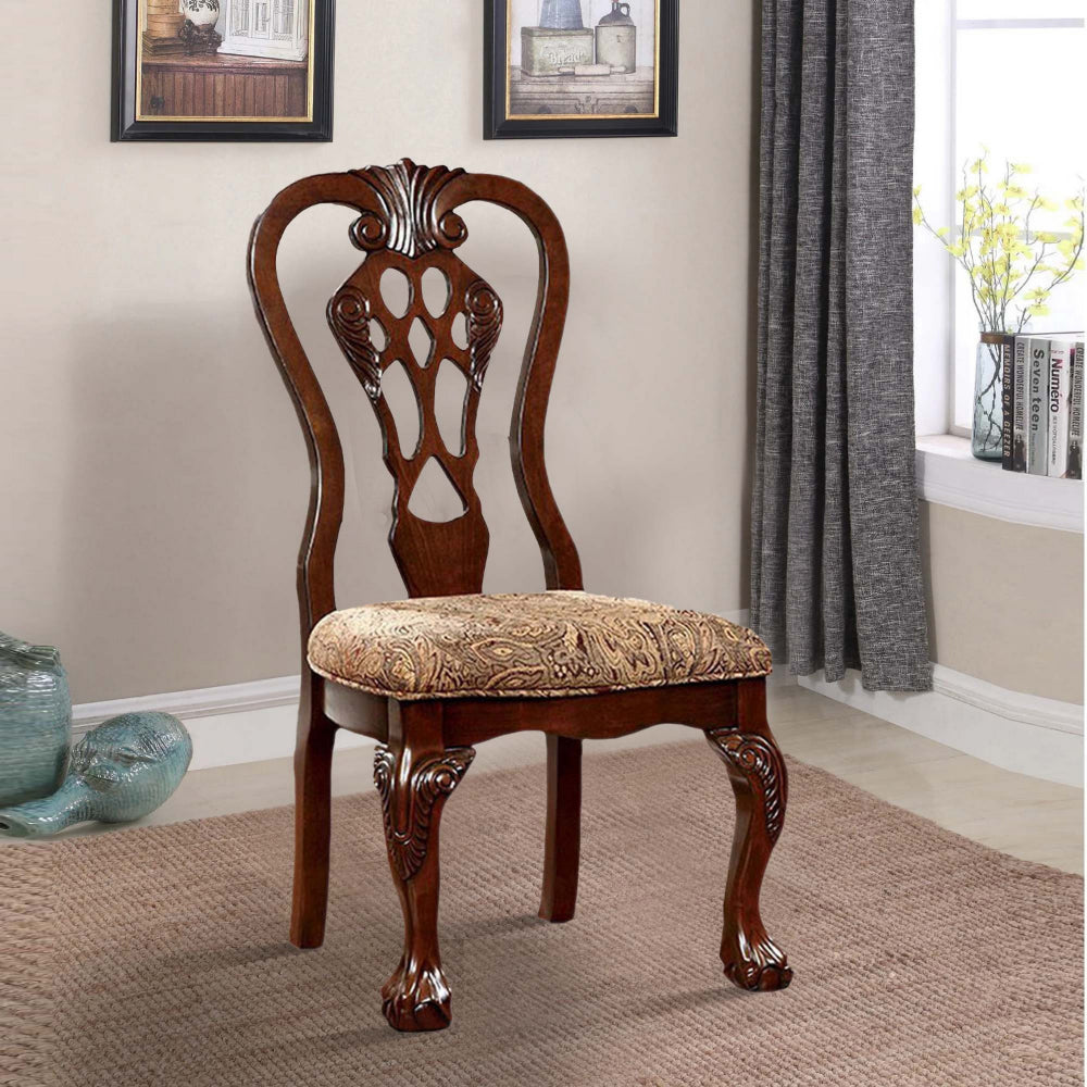 Benzara Elana Traditional Side Chair With fabric, Brown Cherry Finish, Set of 2