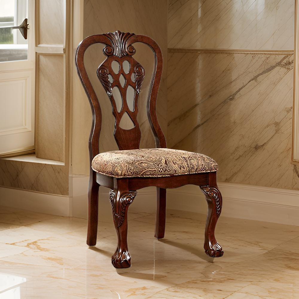 Benzara Elana Traditional Side Chair With fabric, Brown Cherry Finish, Set of 2