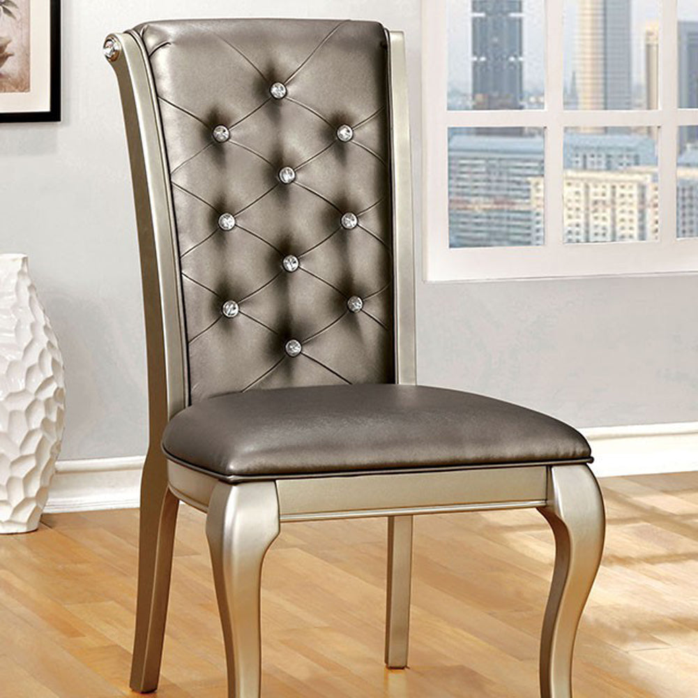 Benzara Leatherette Buttoned Side Chair with Cabriole Legs, Set of 2, Gray And Gold
