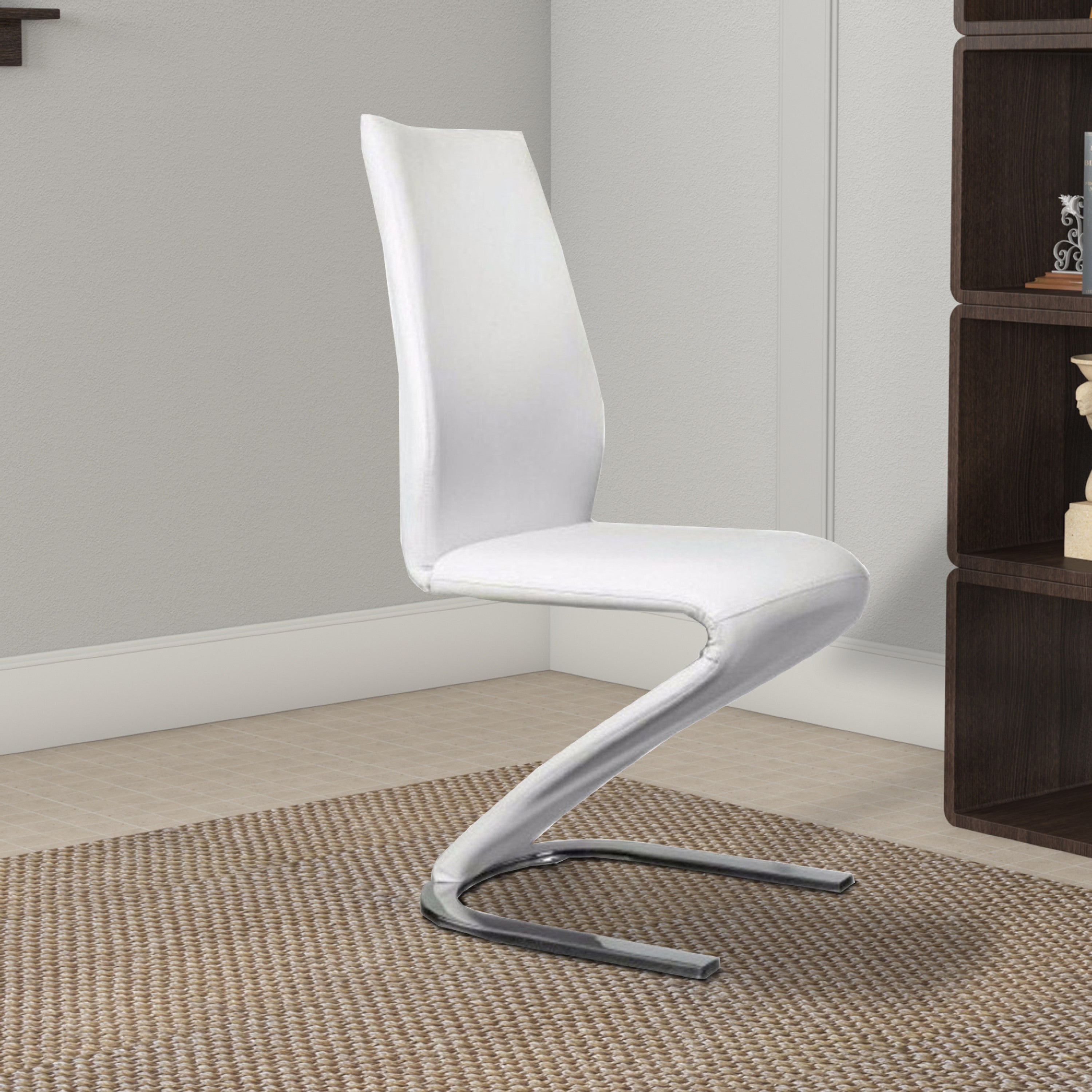 Benzara Leatherette Side Chair with U Shaped Metal Base, Set of 2, White And Chrome