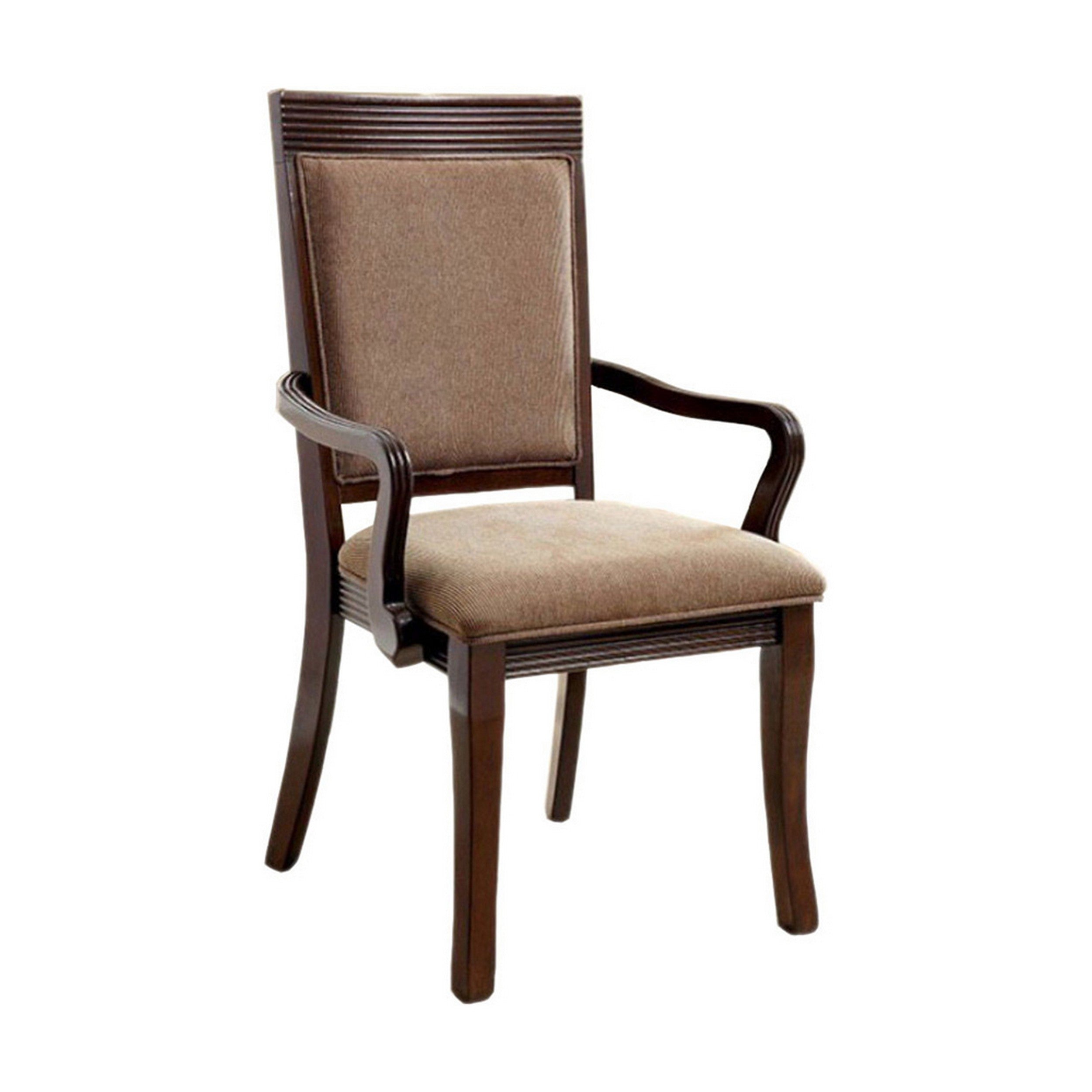 Benzara 18 Inch Ribbed Wood Frame Arm Chair, Walnut, Set Of 2