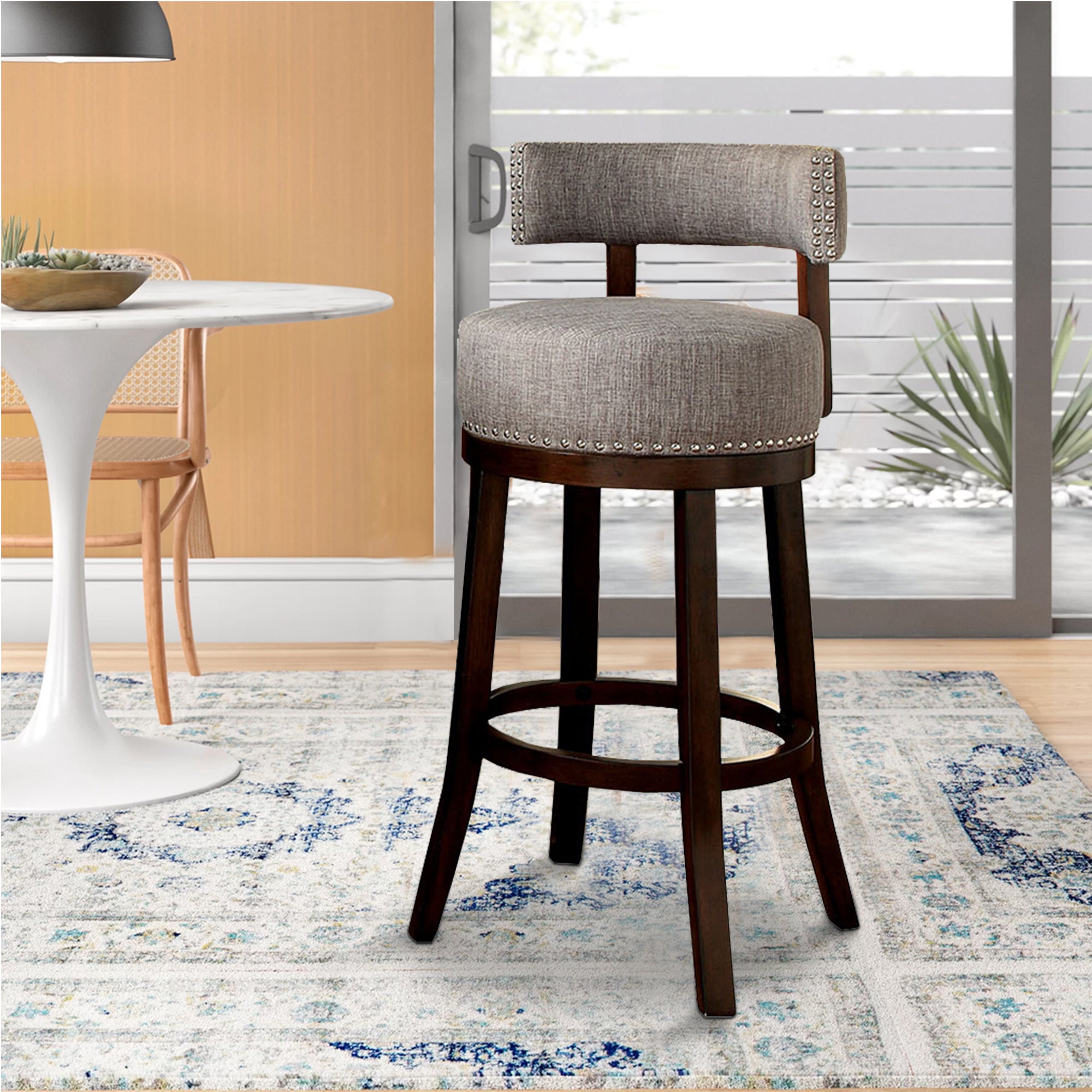 Benzara Swivel Barstool with Curved Open Low Back, Set of 2, Gray And Brown