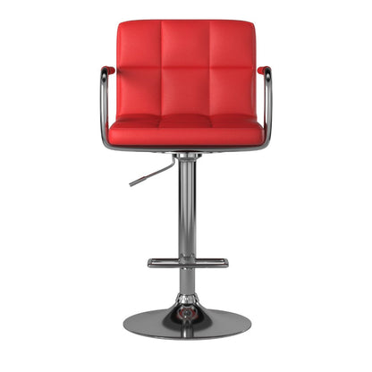 Benzara Leatherette Swivel Barstool with Square Stitched Details, Red And Silver