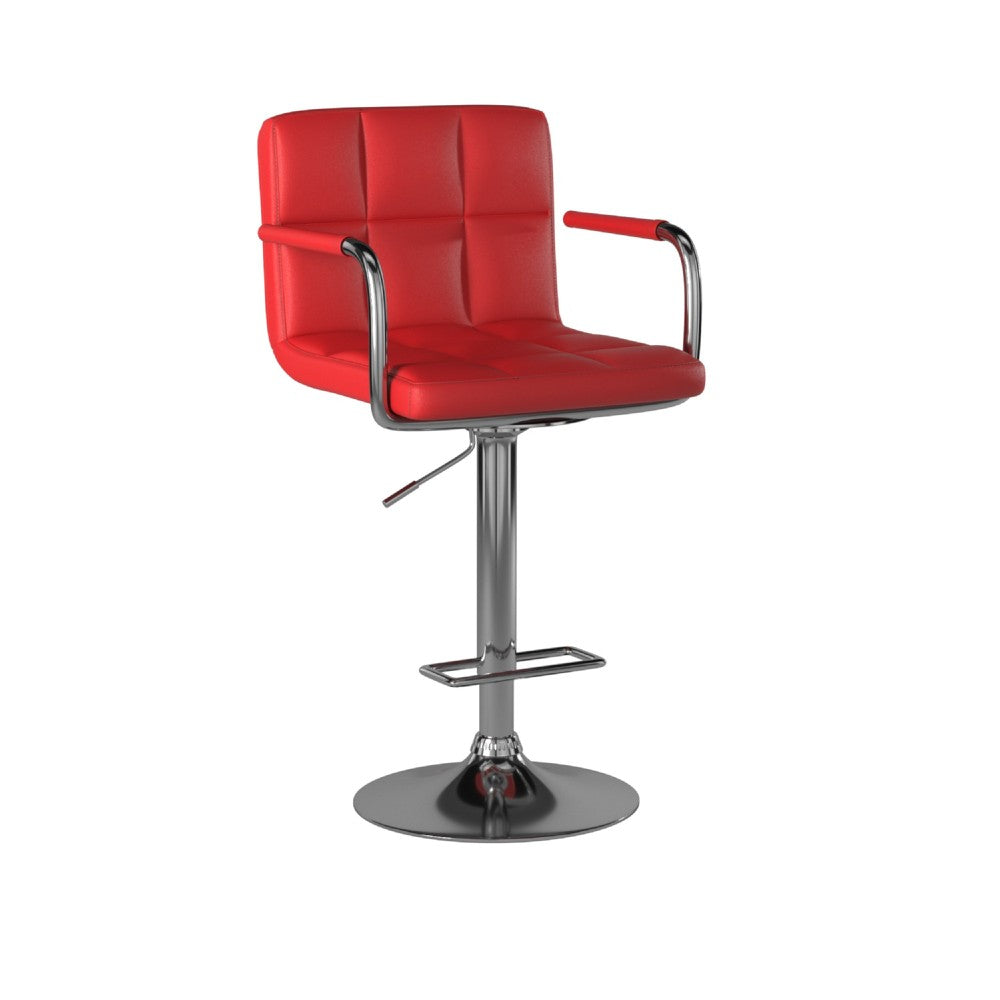 Benzara Leatherette Swivel Barstool with Square Stitched Details, Red And Silver