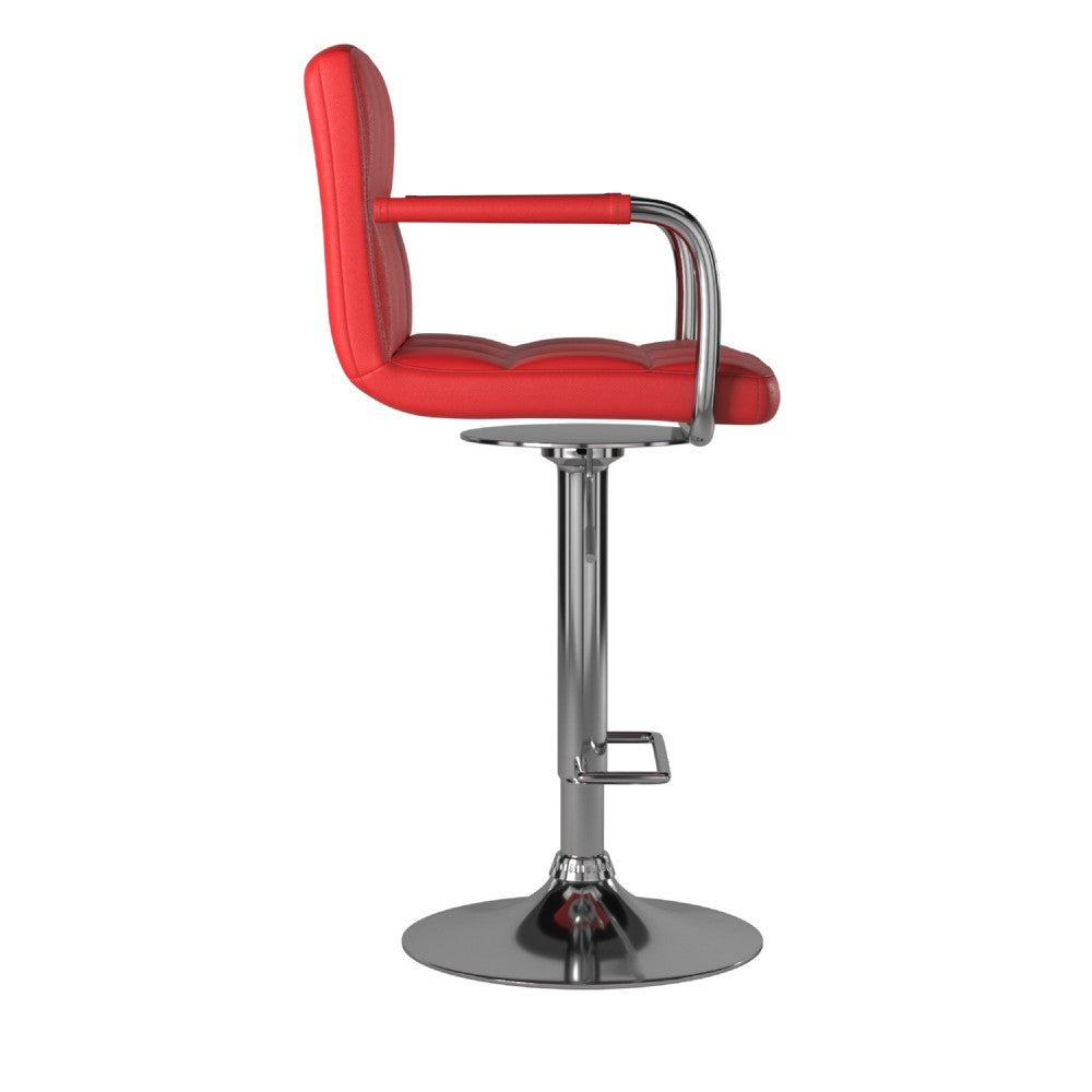 Benzara Leatherette Swivel Barstool with Square Stitched Details, Red And Silver