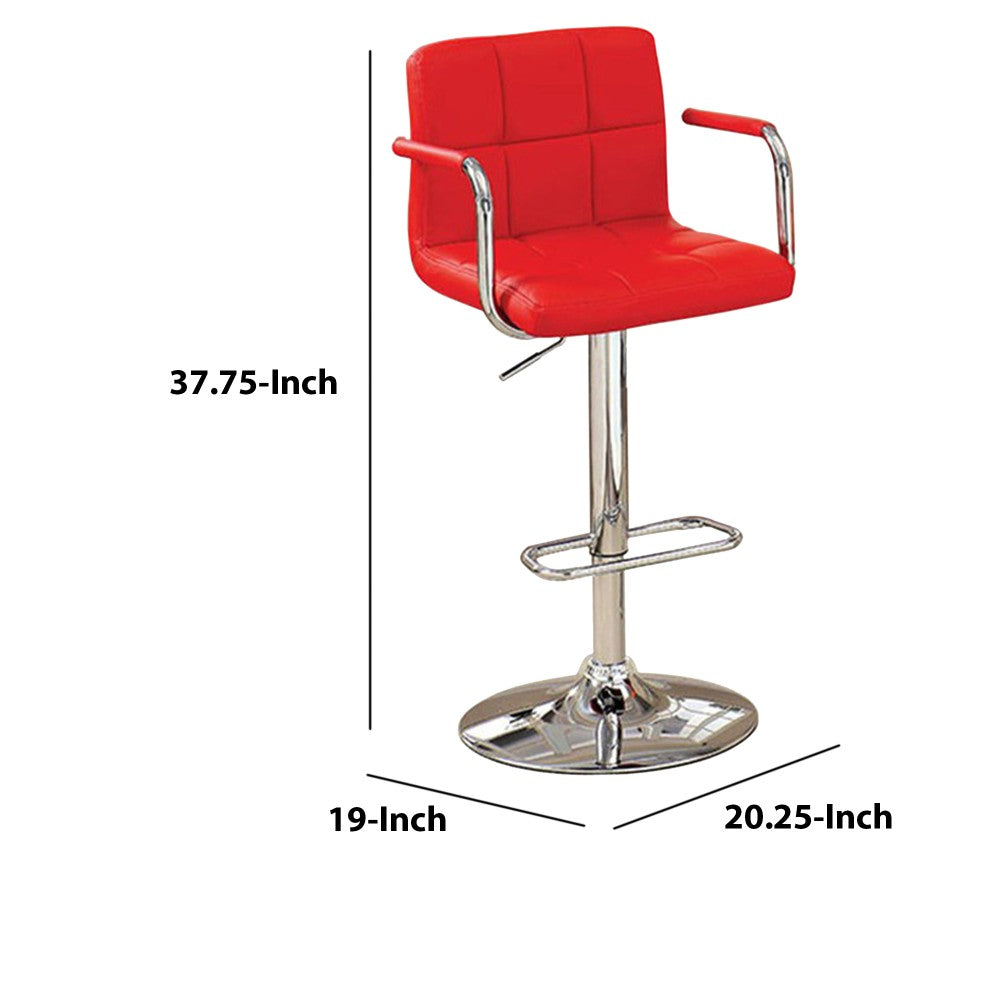 Benzara Leatherette Swivel Barstool with Square Stitched Details, Red And Silver
