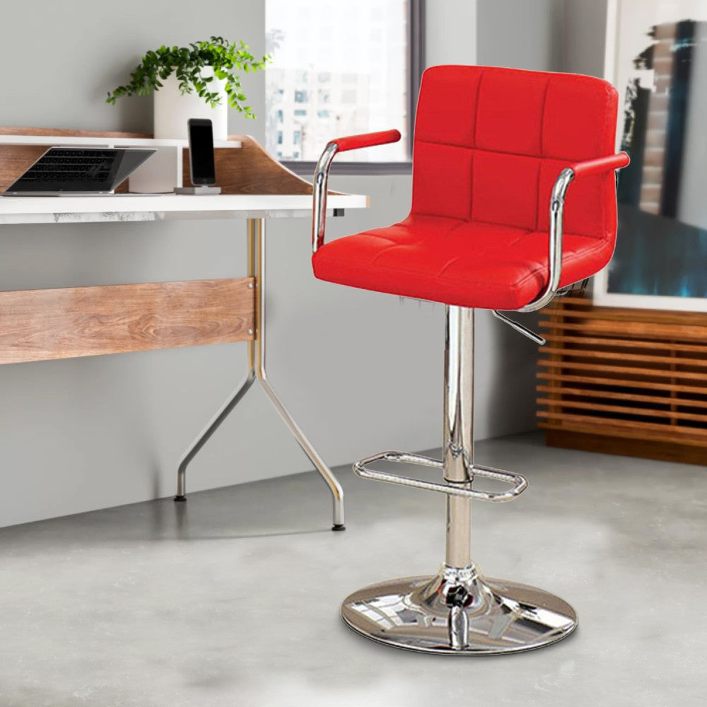 Benzara Leatherette Swivel Barstool with Square Stitched Details, Red And Silver
